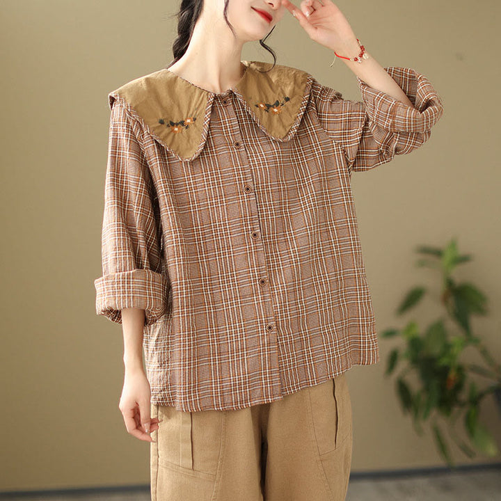 Camicia da donna in cotone con motivo scozzese ricamato con Buddha Stones - image 3