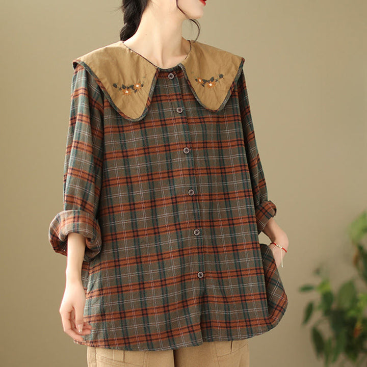 Camicia da donna in cotone con motivo scozzese ricamato con Buddha Stones - image 11