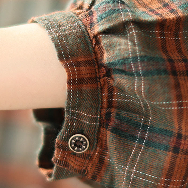 Camicia da donna in cotone con motivo scozzese ricamato con Buddha Stones - image 15