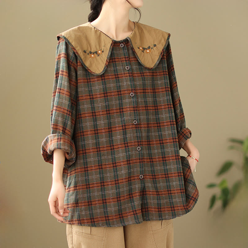 Camicia da donna in cotone con motivo scozzese ricamato con Buddha Stones - image 10