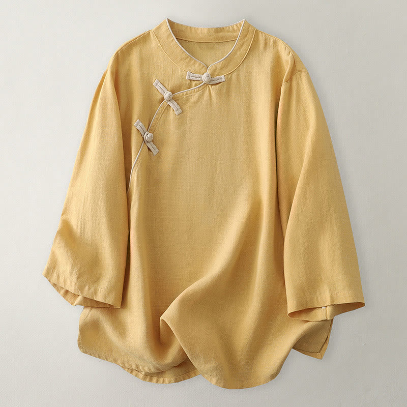 Camicia da donna in cotone e lino con bottoni obliqui Buddha Stones - Oro - US12, UK/AU16, EU44 (2XL) - image 1