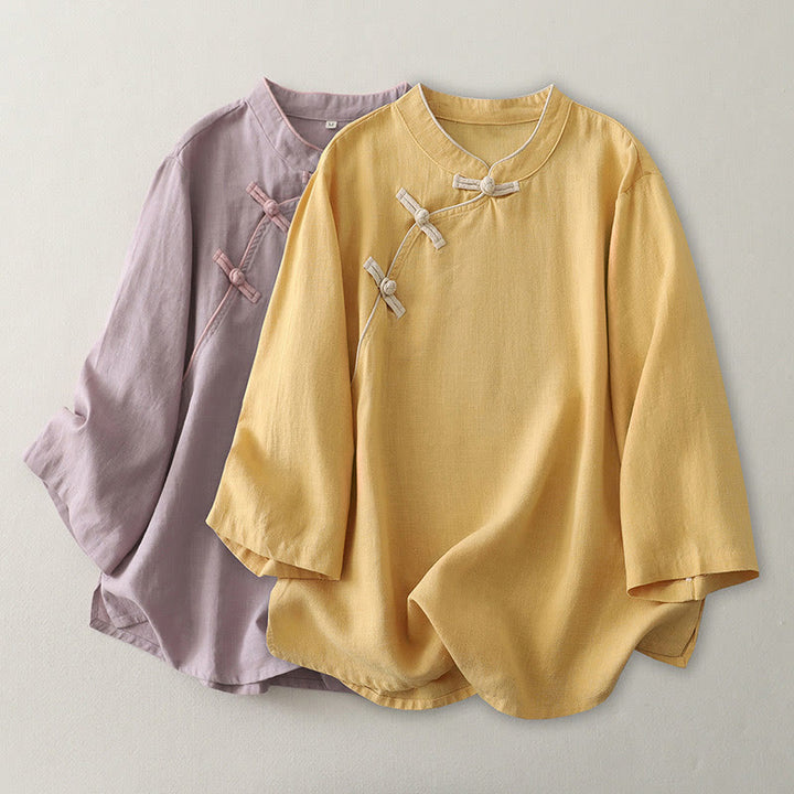 Camicia da donna in cotone e lino con bottoni obliqui Buddha Stones - image 7