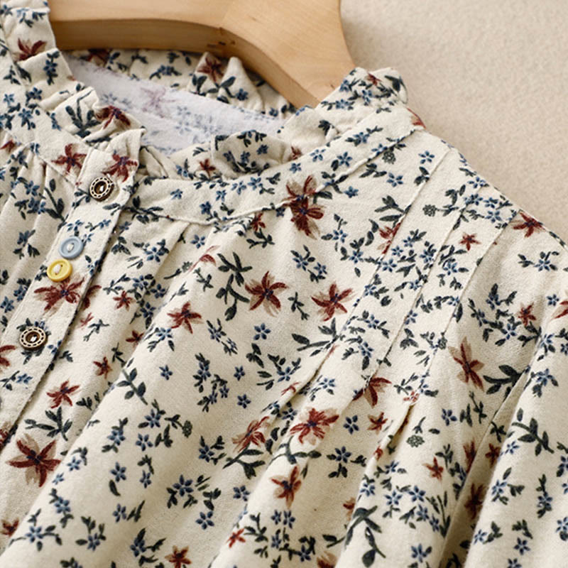 Camicia da donna in cotone e lino con scollo rotondo e motivo floreale casual Buddha Stones - image 6