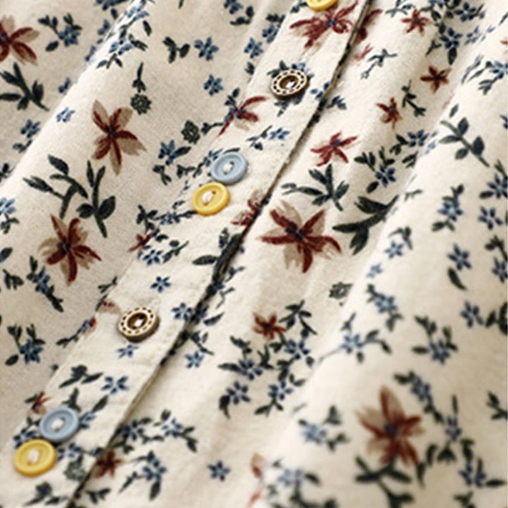 Camicia da donna in cotone e lino con scollo rotondo e motivo floreale casual Buddha Stones - image 7