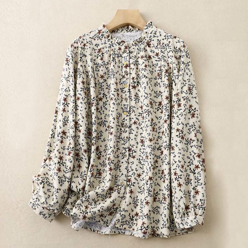 Camicia da donna in cotone e lino con scollo rotondo e motivo floreale casual Buddha Stones - Beige - US14, UK/AU18, EU46 (2XL) - image 1
