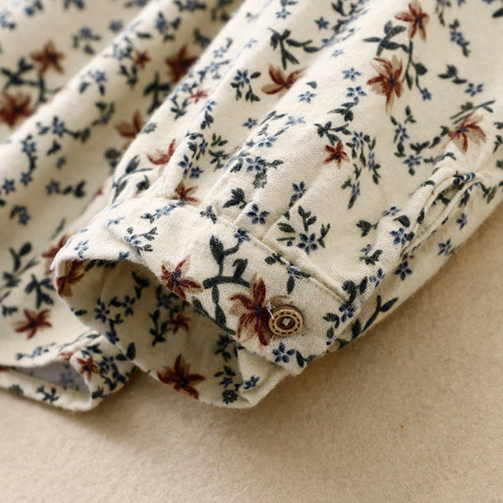 Camicia da donna in cotone e lino con scollo rotondo e motivo floreale casual Buddha Stones - image 9