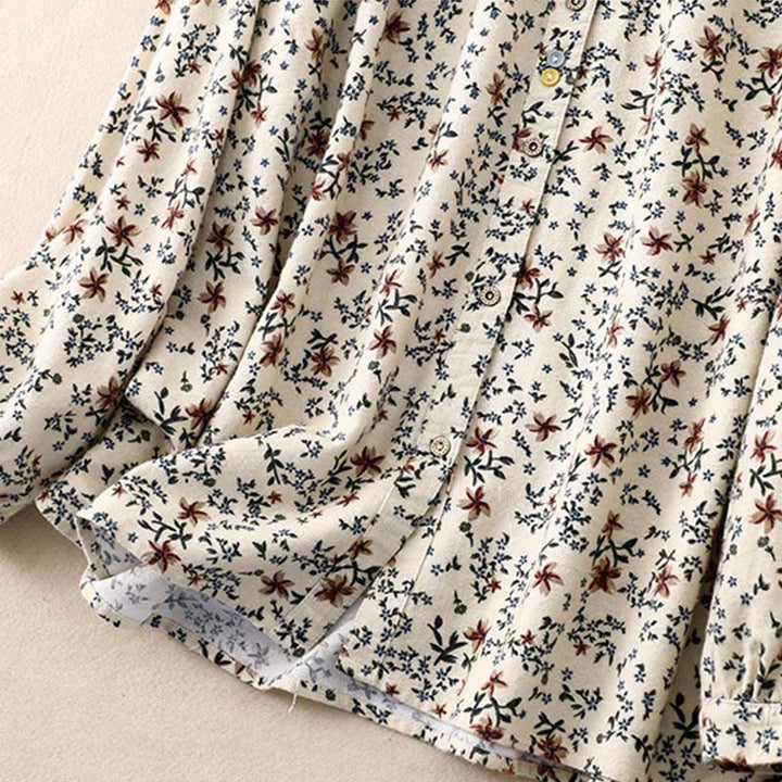 Camicia da donna in cotone e lino con scollo rotondo e motivo floreale casual Buddha Stones - image 4