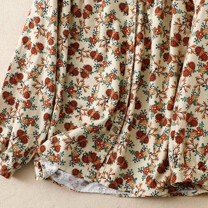 Camicia da donna in cotone e lino con scollo rotondo e motivo floreale casual Buddha Stones - image 13