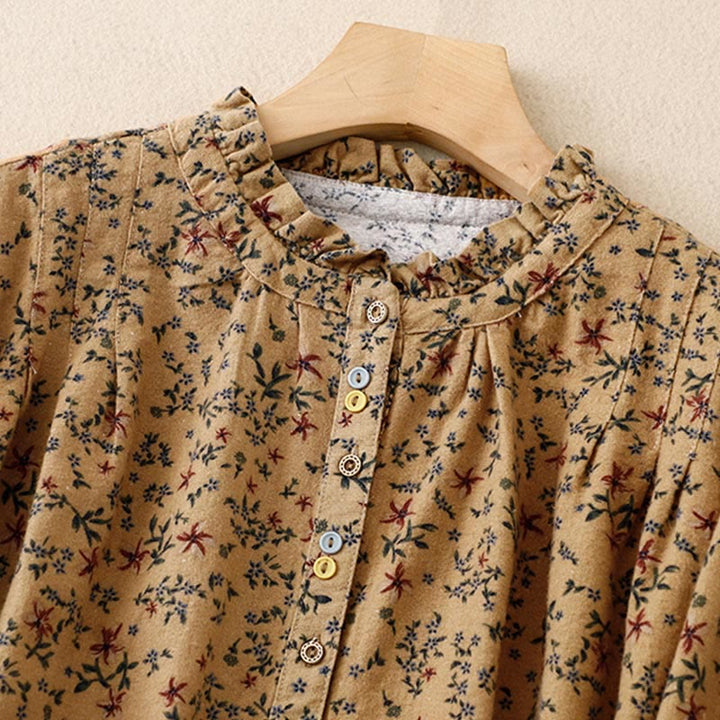 Camicia da donna in cotone e lino con scollo rotondo e motivo floreale casual Buddha Stones - image 18