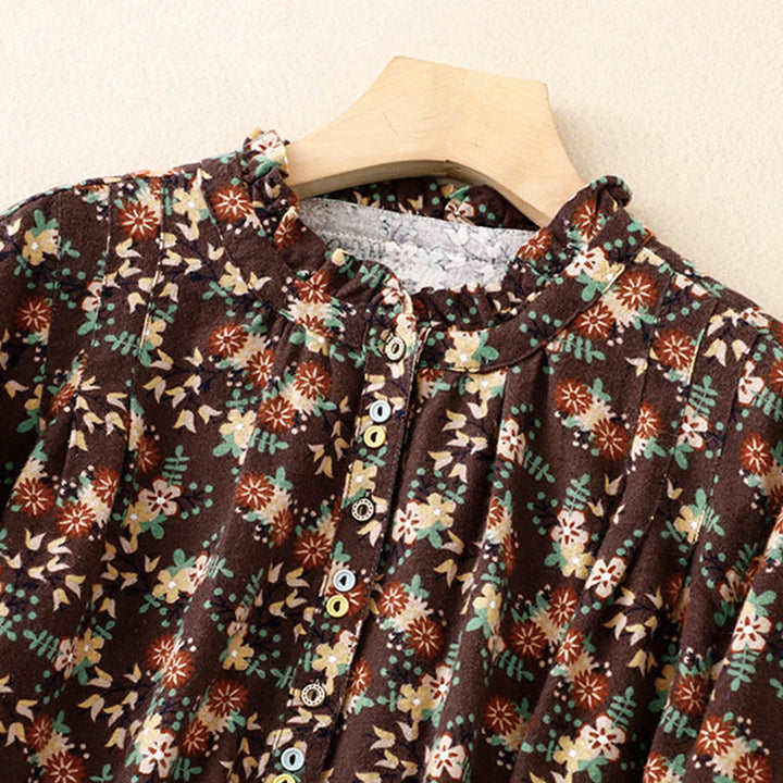 Camicia da donna in cotone e lino con scollo rotondo e motivo floreale casual Buddha Stones - image 24