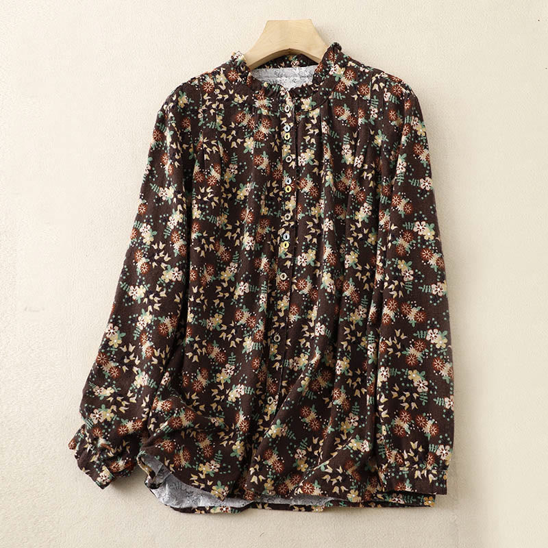 Camicia da donna in cotone e lino con scollo rotondo e motivo floreale casual Buddha Stones - Marrone sella - US14, UK/AU18, EU46 (2XL) - image 23