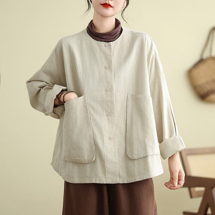 Giacca da donna in cotone e lino con maniche lunghe e tasche, motivo semplice Buddha Stones - image 3