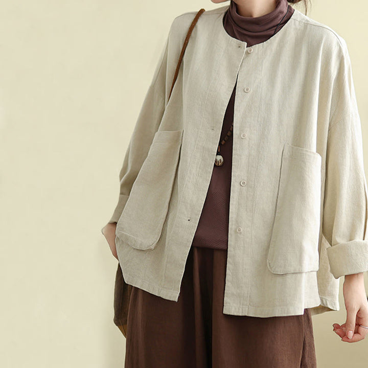 Giacca da donna in cotone e lino con maniche lunghe e tasche, motivo semplice Buddha Stones - image 5