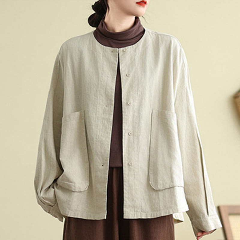 Giacca da donna in cotone e lino con maniche lunghe e tasche, motivo semplice Buddha Stones - image 4