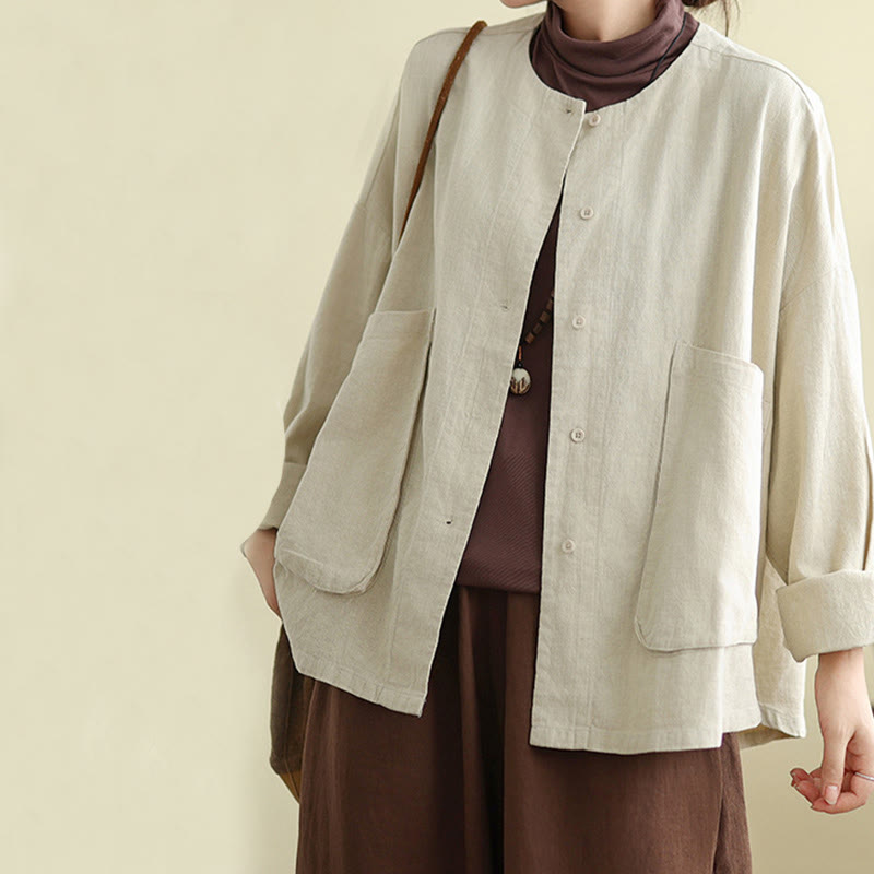 Giacca da donna in cotone e lino con maniche lunghe e tasche, motivo semplice Buddha Stones - image 4