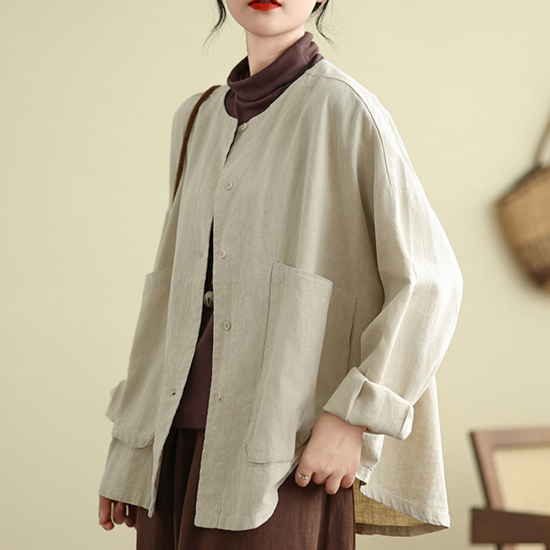 Giacca da donna in cotone e lino con maniche lunghe e tasche, motivo semplice Buddha Stones - Beige - US14, UK/AU18, EU46 (2XL) - image 1