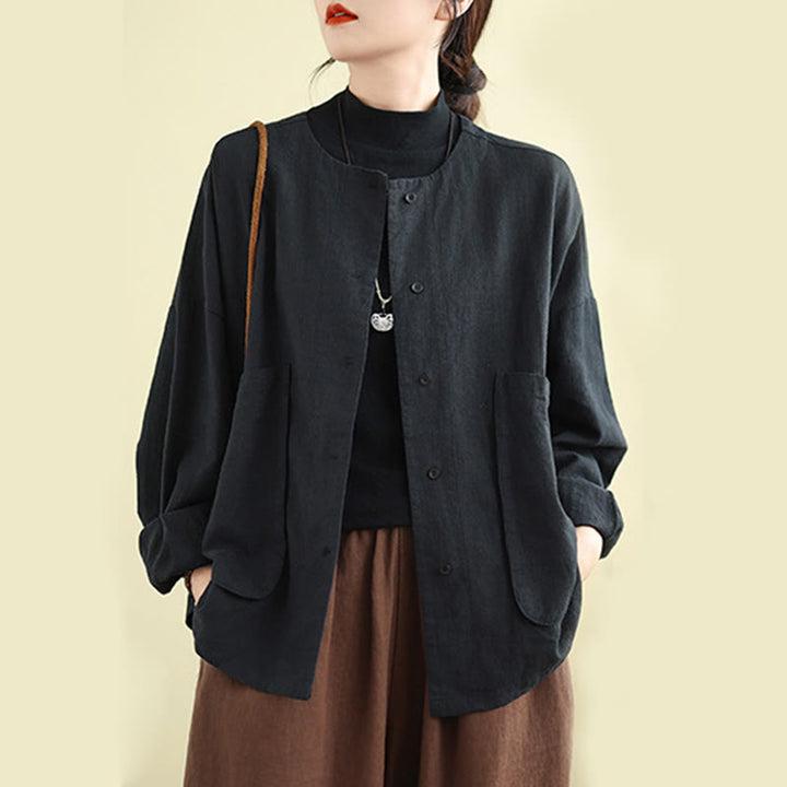 Giacca da donna in cotone e lino con maniche lunghe e tasche, motivo semplice Buddha Stones - Nero - US14, UK/AU18, EU46 (2XL) - image 11