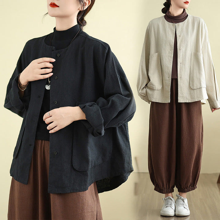 Giacca da donna in cotone e lino con maniche lunghe e tasche, motivo semplice Buddha Stones - image 18