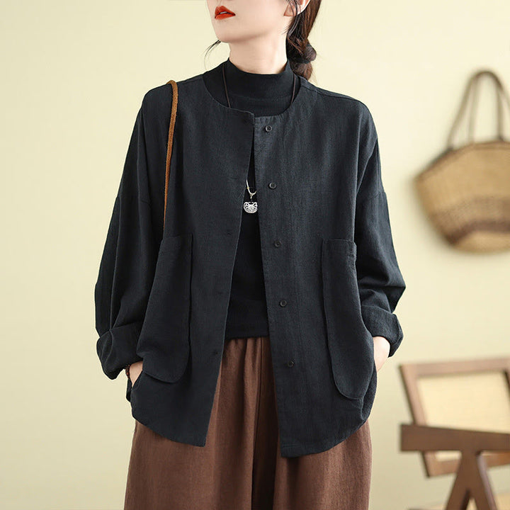 Giacca da donna in cotone e lino con maniche lunghe e tasche, motivo semplice Buddha Stones - image 16