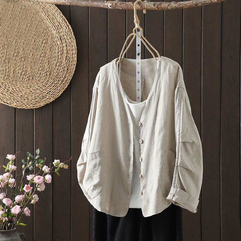 Buddha Stones Giacca da donna in cotone con scollo a V e tasche, colore puro - Beige - US14, UK/AU18, EU46 (2XL) - image 0