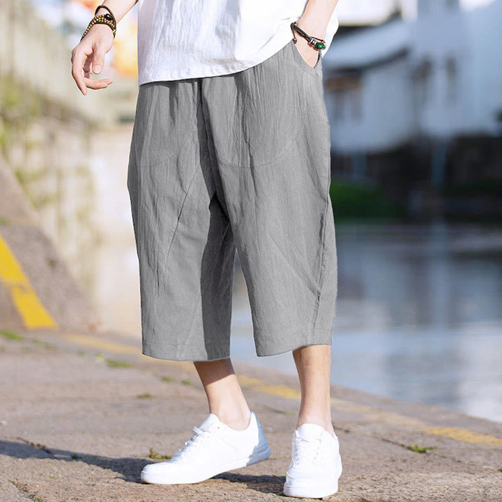 Pantaloni da uomo in lino e cotone con tasche, lunghezza 7-8, modello Buddha Stones, modello estivo con pieghe semplici e coulisse - Grigio - US/UK/AU46, EU56 (5XL) - image 0