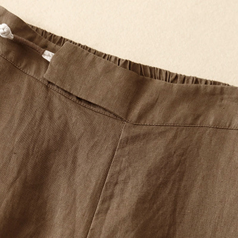 Pantaloni larghi da donna in lino e cotone con bottoni a rana, tinta unita, con tasche , Buddha Stones - image 3