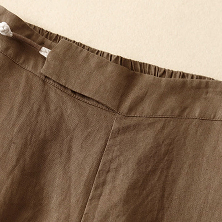 Pantaloni larghi da donna in lino e cotone con bottoni a rana, tinta unita, con tasche , Buddha Stones - image 3