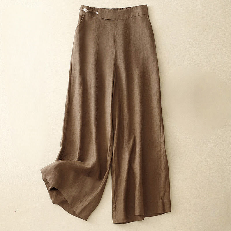 Pantaloni larghi da donna in lino e cotone con bottoni a rana, tinta unita, con tasche , Buddha Stones - Marrone sella - US12, UK/AU16, EU44 (2XL) - image 1
