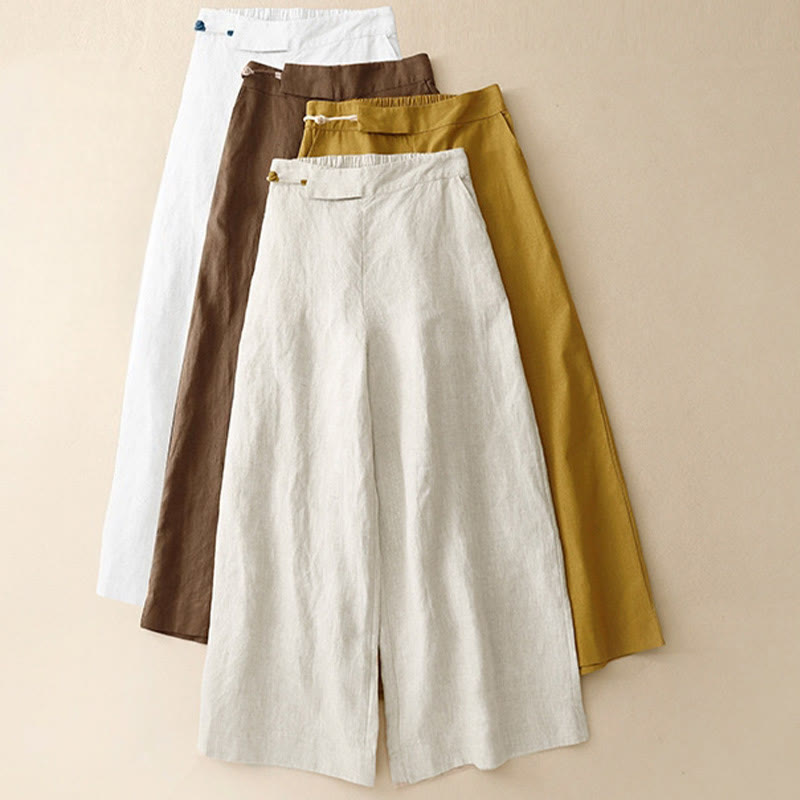 Pantaloni larghi da donna in lino e cotone con bottoni a rana, tinta unita, con tasche , Buddha Stones - image 25