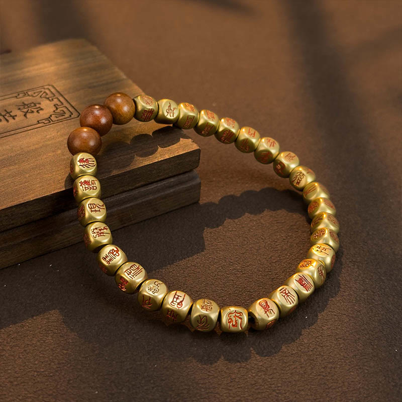 Bracciale della ricchezza con perline di legno di giuggiola colpite da fulmini, Buddha Stones , rame e ottone - Ottone rame con cinabro (circonferenza polso: 18-24 cm) - image 1
