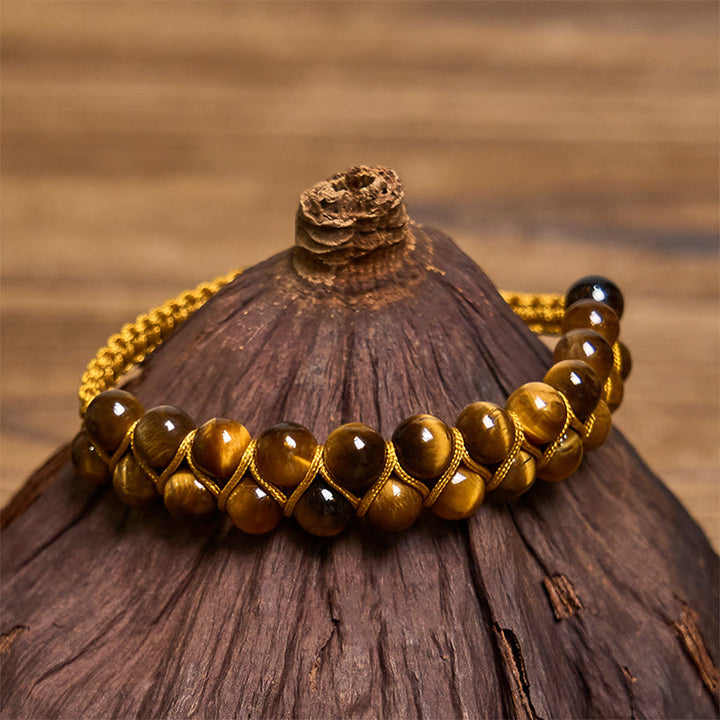 Braccialetto di protezione con perline a doppia fila intrecciate a mano in occhio di tigre naturale e cinabro Buddha Stones - Occhio di tigre (circonferenza del polso: 14-24 cm) - image 1