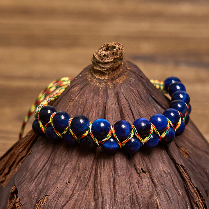 Braccialetto di equilibrio con perline a doppia fila di corda colorata intrecciata a mano, in occhio di tigre blu naturale Buddha Stones - image 3