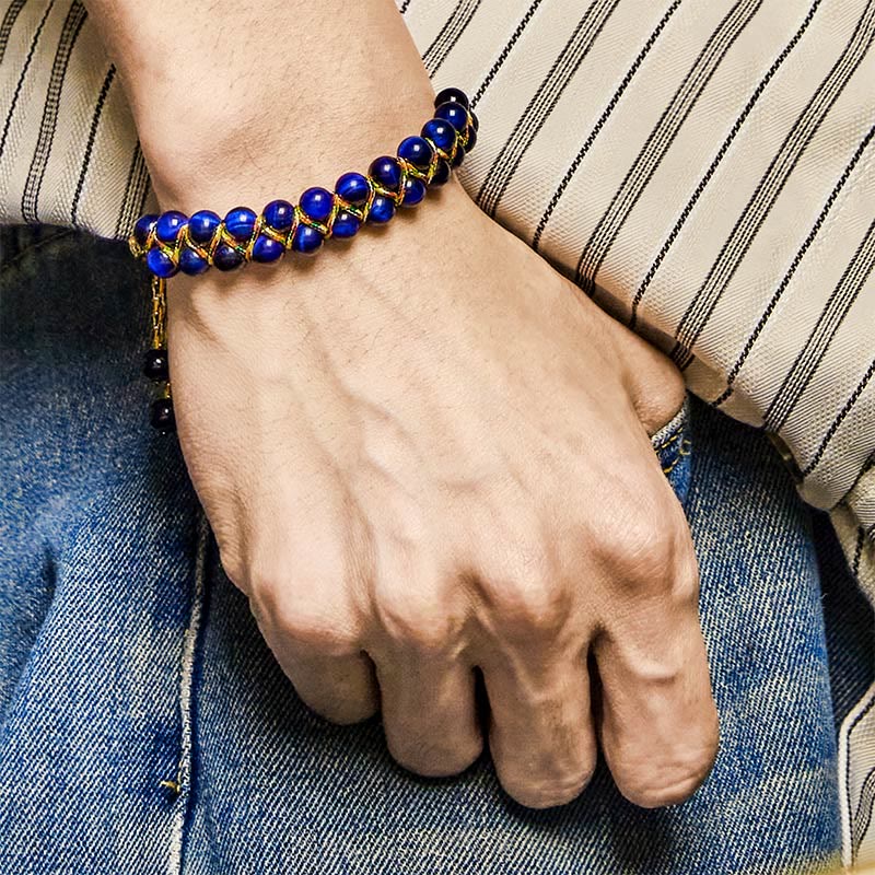 Braccialetto di equilibrio con perline a doppia fila di corda colorata intrecciata a mano, in occhio di tigre blu naturale Buddha Stones - image 4