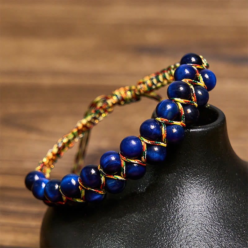 Braccialetto di equilibrio con perline a doppia fila di corda colorata intrecciata a mano, in occhio di tigre blu naturale Buddha Stones - Occhio di tigre blu (circonferenza del polso: 14-24 cm) - image 1