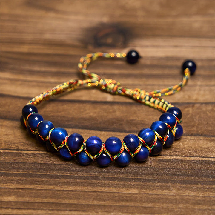 Braccialetto di equilibrio con perline a doppia fila di corda colorata intrecciata a mano, in occhio di tigre blu naturale Buddha Stones - image 2