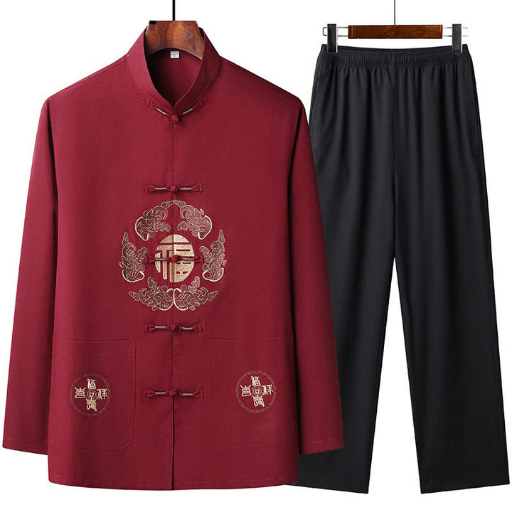 Buddha Stones Capodanno cinese ricamato Fu Tang Suit Hanfu manica lunga Top Pantaloni Abbigliamento Uomo Set - Rosso - US/UK/AU44, EU54 (4XL) - image 1