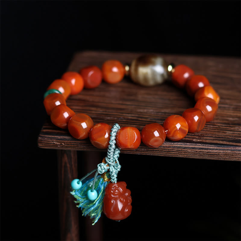 Braccialetto della fortuna con perline Dzi Pixiu in agata rossa naturale del sud di Buddha Stones - Agata rossa del sud e PiXiu (circonferenza del polso: 15-18 cm) - image 1