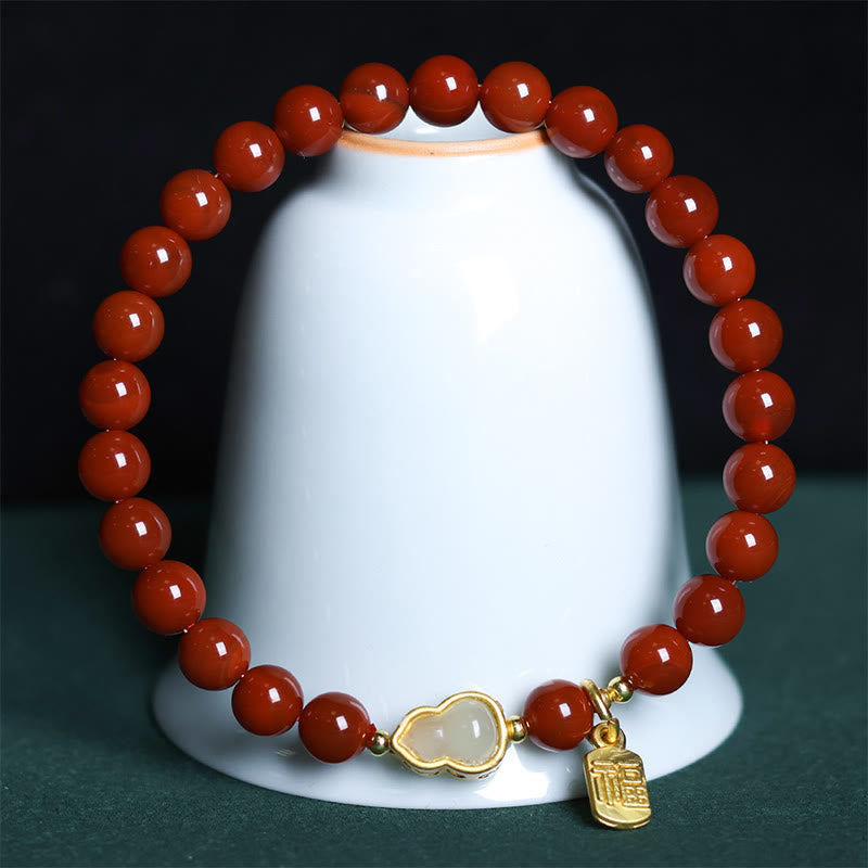 Braccialetto positivo in giada Hetian, agata rossa del sud naturale di Buddha Stones - Zucca di agata rossa del sud e giada (circonferenza del polso: 15-18 cm) - image 1