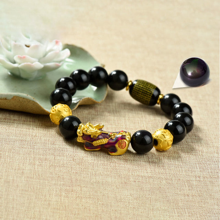 Braccialetto della ricchezza con perline di ossidiana arcobaleno in rame Pixiu Buddha Stones Fengshui - Om Mani Padme Hum e Pixiu che cambia colore (circonferenza del polso: 18-19 cm) - image 10