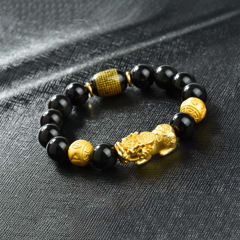 Braccialetto della ricchezza con perline di ossidiana arcobaleno in rame Pixiu Buddha Stones Fengshui - Personaggio Om Mani Padme Hum & Fu e Pixiu in ottone (circonferenza del polso: 18-19 cm) - image 26