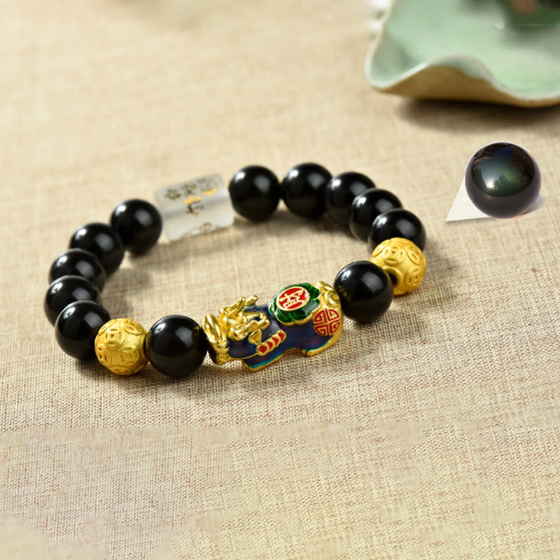 Braccialetto della ricchezza con perline di ossidiana arcobaleno in rame Pixiu Buddha Stones Fengshui - Om Mani Padme Hum & Fortune & Pixiu che cambia colore (circonferenza del polso: 18-19 cm) - image 14