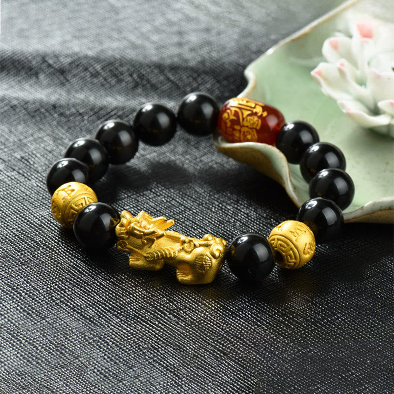 Braccialetto della ricchezza con perline di ossidiana arcobaleno in rame Pixiu Buddha Stones Fengshui - Om Mani Padme Hum e Pixiu in ottone (circonferenza del polso: 18-19 cm) - image 23