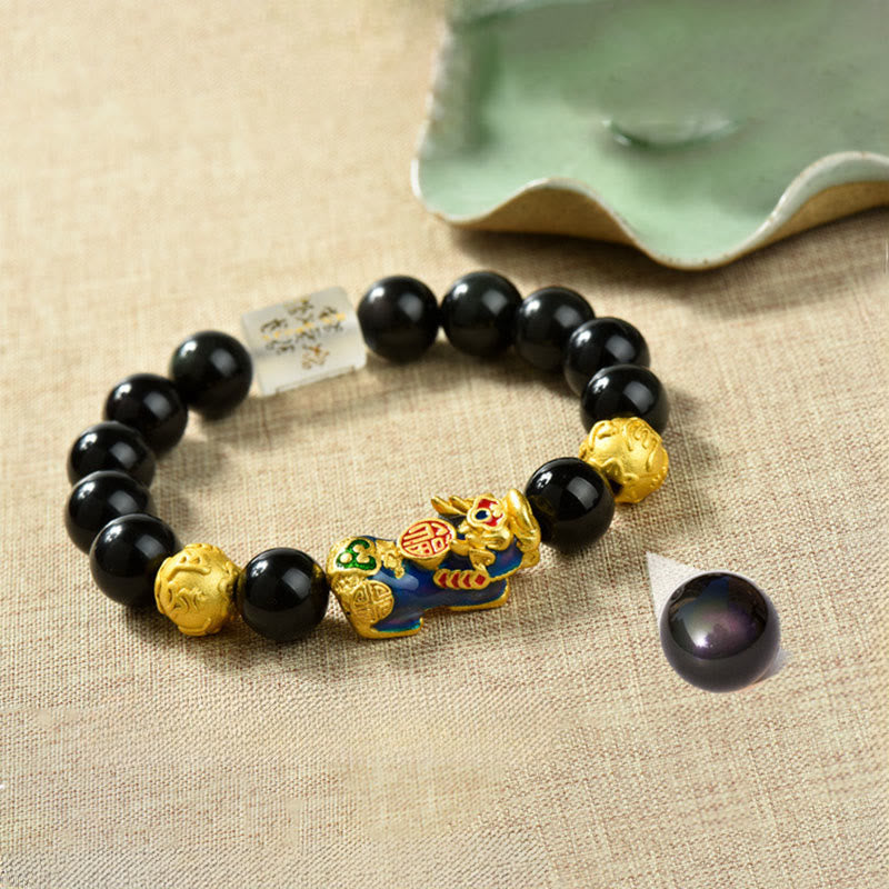 Braccialetto della ricchezza con perline di ossidiana arcobaleno in rame Pixiu Buddha Stones Fengshui - Personaggio Om Mani Padme Hum & Fu e Pixiu che cambia colore (circonferenza del polso: 18-19 cm) - image 1