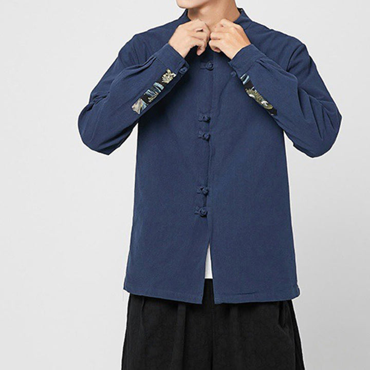 Buddha Stones Camicia da uomo in cotone a maniche lunghe con polsini e motivo a drago e bottoni a rana - image 1