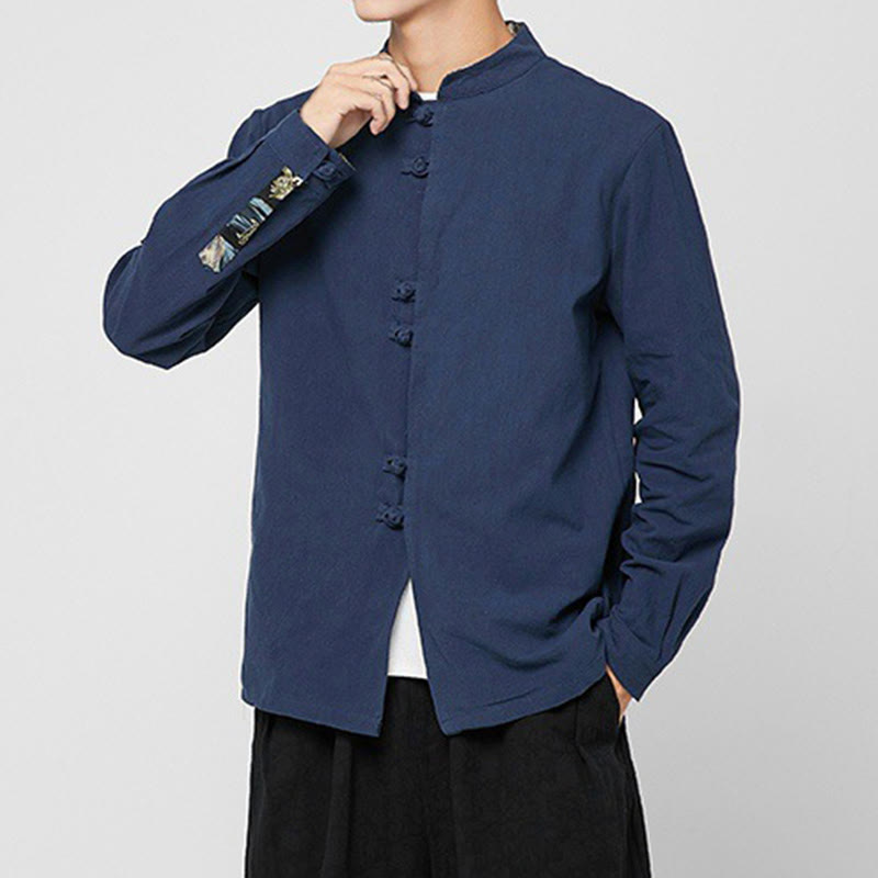 Buddha Stones Camicia da uomo in cotone a maniche lunghe con polsini e motivo a drago e bottoni a rana - image 2