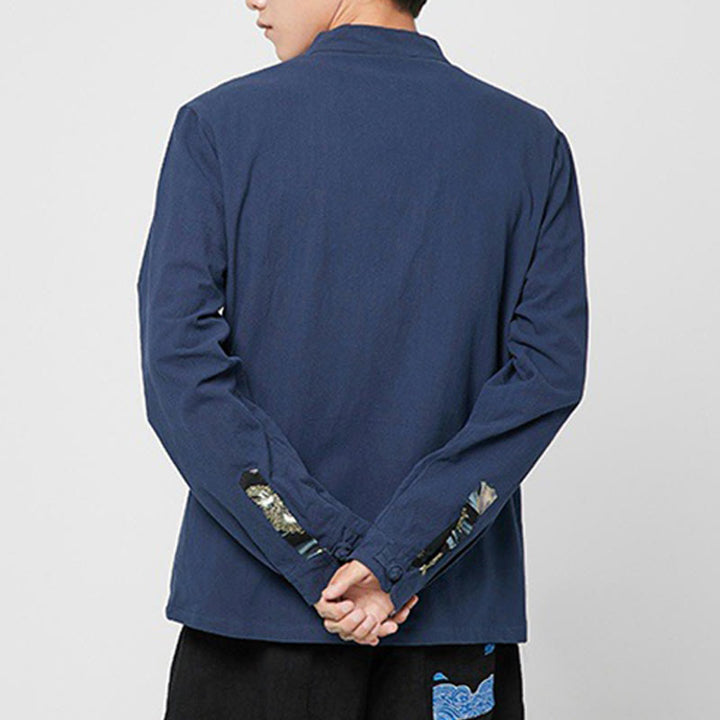 Buddha Stones Camicia da uomo in cotone a maniche lunghe con polsini e motivo a drago e bottoni a rana - image 3