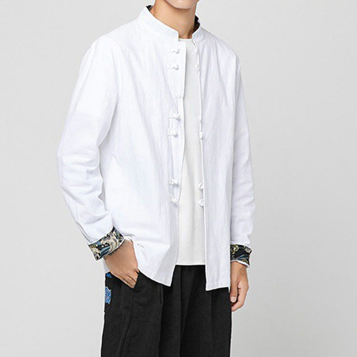 Buddha Stones Camicia da uomo in cotone a maniche lunghe con polsini e motivo a drago e bottoni a rana - image 7