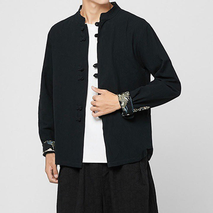 Buddha Stones Camicia da uomo in cotone a maniche lunghe con polsini e motivo a drago e bottoni a rana - image 15