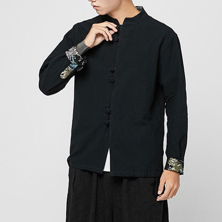 Buddha Stones Camicia da uomo in cotone a maniche lunghe con polsini e motivo a drago e bottoni a rana - image 17