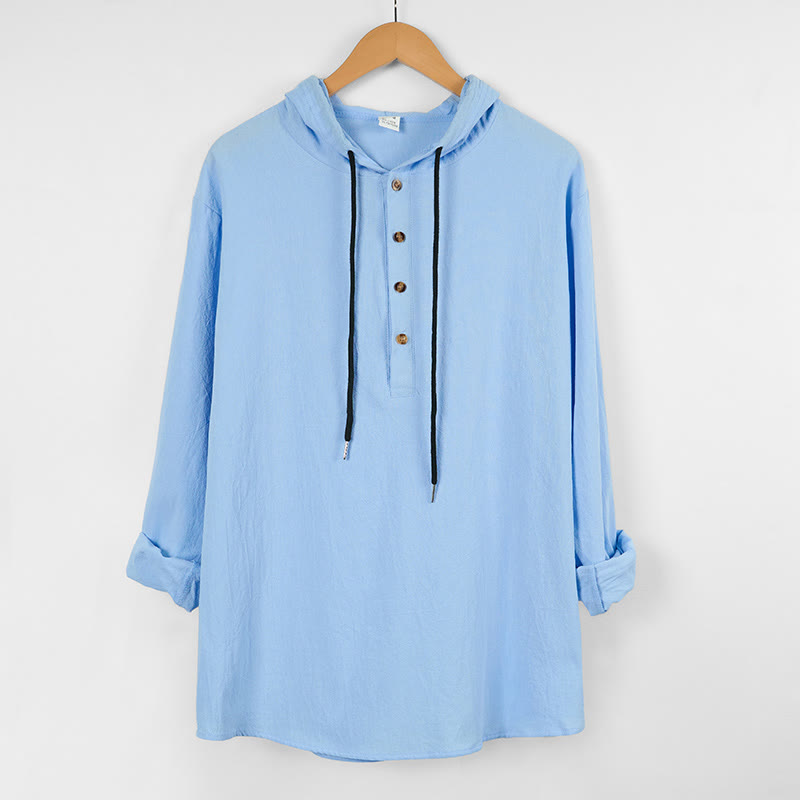 Camicia da uomo in cotone con cappuccio e maniche lunghe, tinta unita, con bottoni a metà autunno, motivo Buddha Stones - image 2